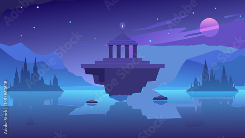 floating temple ruins above a calm lake with mystic haze