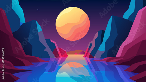 giant moon nestled between colorful canyon cliffs