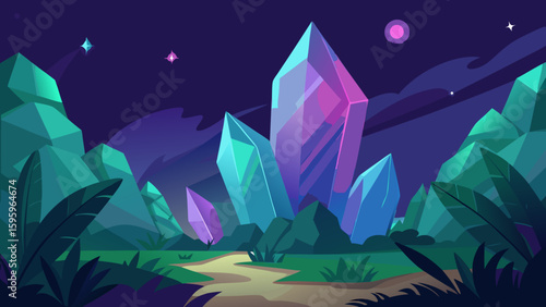 giant glowing crystals emerging from a lush jungle