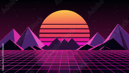 glowing pink mountains and a black grid desert under sky