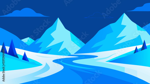 icy winter valley with blue crystal rivers and snow