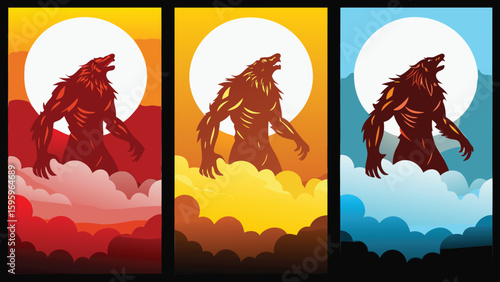 Three werewolf silhouettes howling at the moon in different colored backgrounds and cloud formations