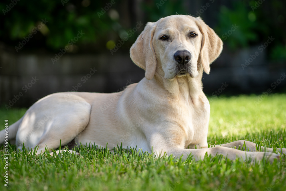 A ten month old Labrador Retriever puppy in a green environment A ten month old Labrador Retriever puppy in a green environment