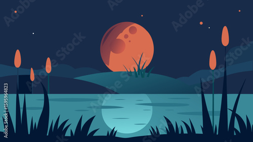 surreal moonrise over a still marsh with glowing fog