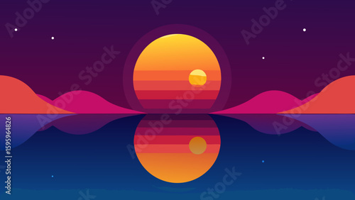 sunset with dual suns over mirrored water surreal scene