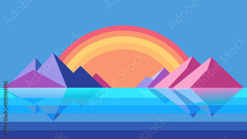 surreal mirrored scene of mountains in soft rainbow light