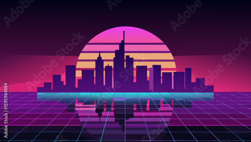 80s neon city skyline with gradient sky and glowing lights