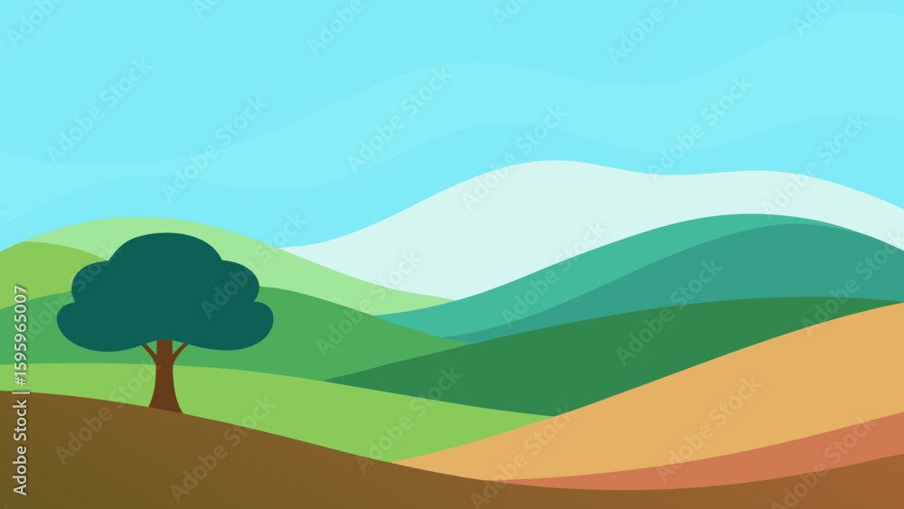Fototapeta premium flat design valley with soft rolling hills and single tree