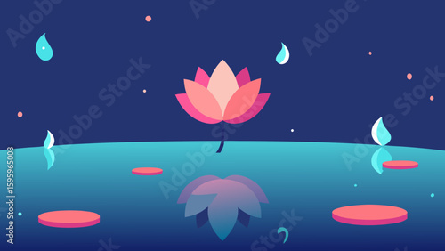 floating petals and glowing tree reflections in lake