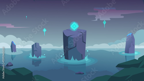 floating stone ruins above a lake with magical glow