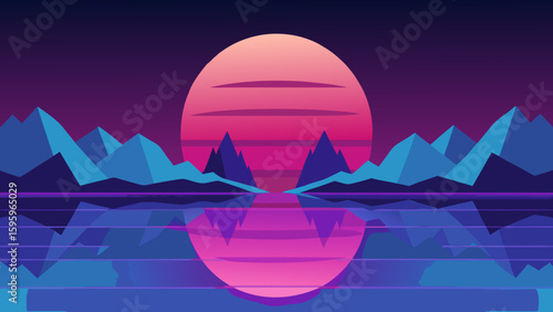 futuristic stylized landscape with a lake that reflects