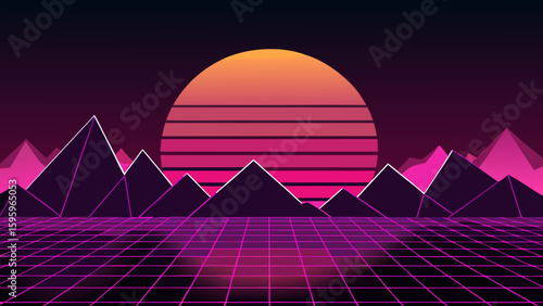 glowing pink mountains and a black grid desert under sky