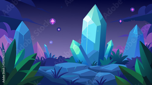 giant glowing crystals emerging from a lush jungle