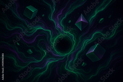 An ultra-HD 3D abstract space-themed wallpaper with swirling dark matter, glowing cosmic energy waves in deep purple and emerald green, floating geometric fragments, and a black hole center, cinematic