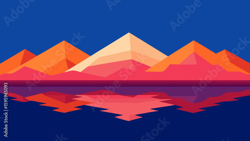 layered mountains in surreal pinks and oranges reflected