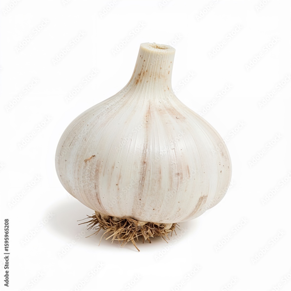 Fototapeta premium Organic garlic bulb fresh from the farm with intact root and dry skin ideal for nutrition blogs, health food ads, and menus