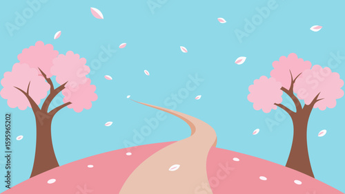 spring blossom path with stylized cherry trees and flowers
