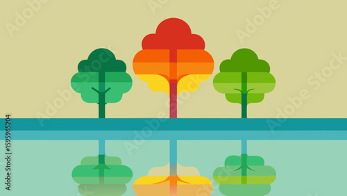 stylized layered trees with exaggerated reflections in lake