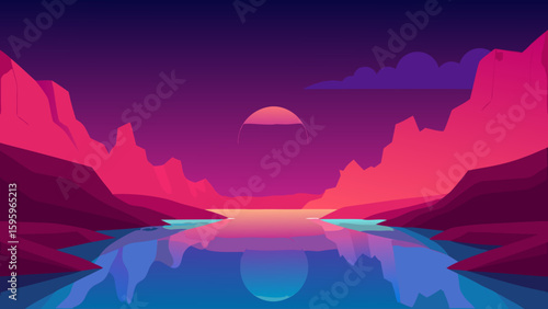 stylized canyon landscape reflected in surreal neon light