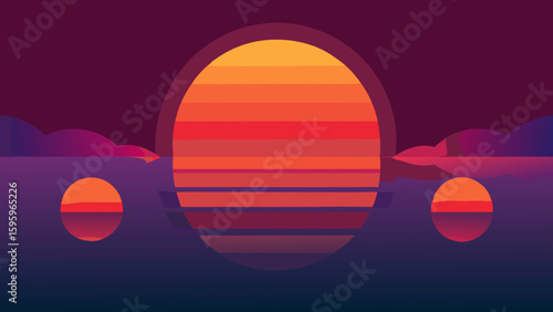 sunset with dual suns over mirrored water surreal scene