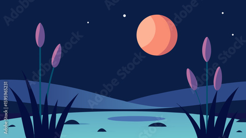 surreal moonrise over a still marsh with glowing fog