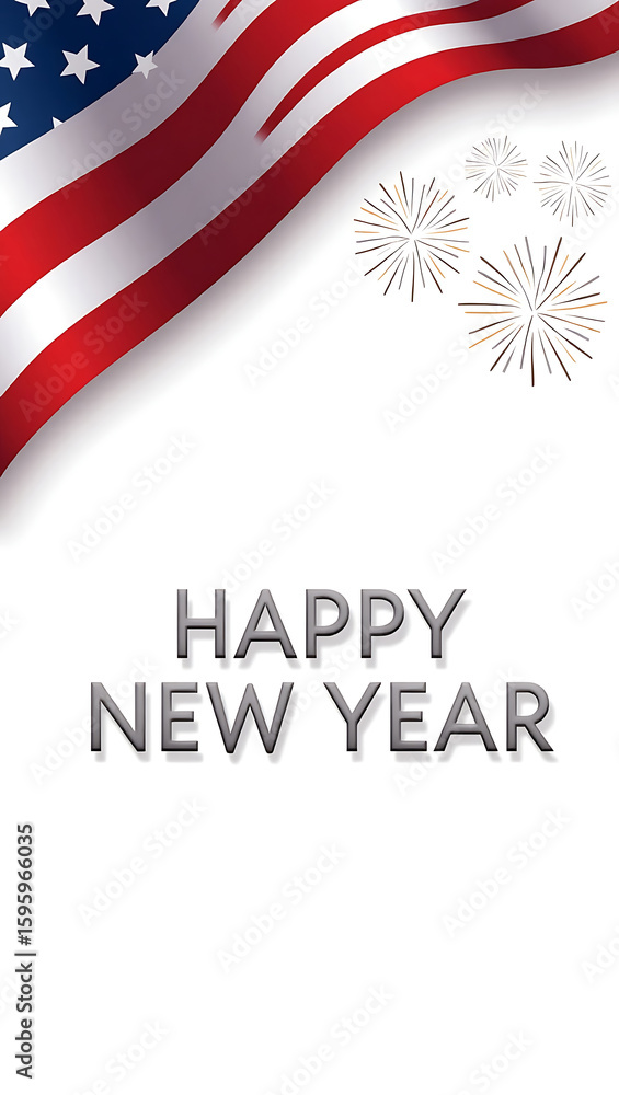 Obraz premium Happy New Year greeting with American flag and fireworks, 2026, New Year's Eve, USA New Year