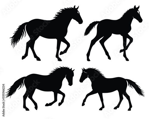 Silhouette Horses: A collection of elegant horse silhouettes against a neutral backdrop, representing motion, freedom and natural grace. A perfect design element for a variety of creative projects.
