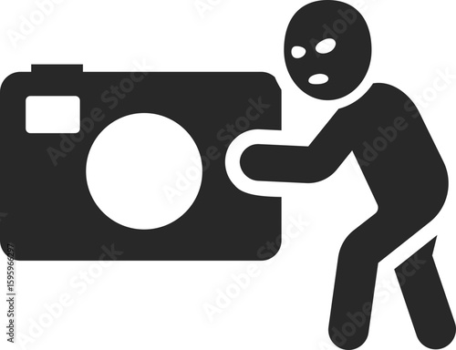 Thief icon stealing camera symbolizing robbery, digital crime, and stolen equipment in modern security issue