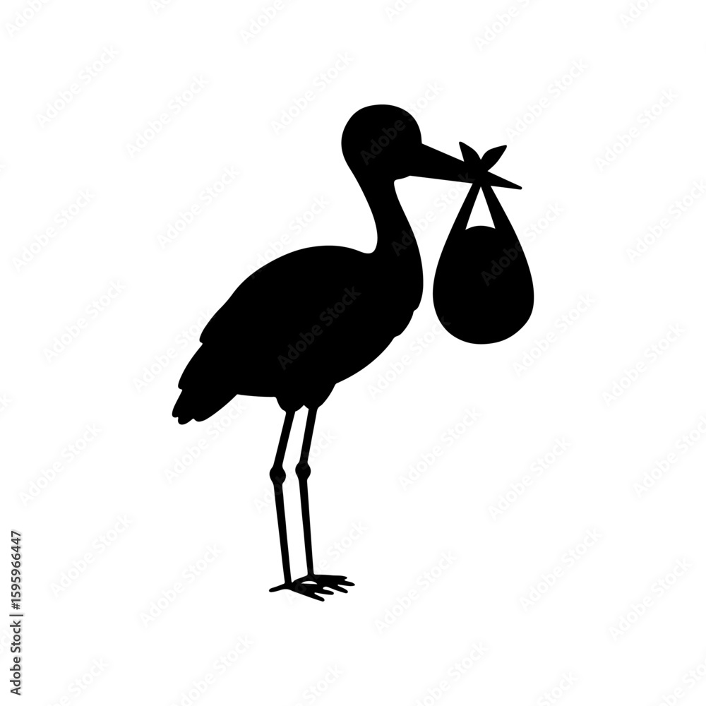Naklejka premium Baby with stork silhouette vector flat illustration design. 