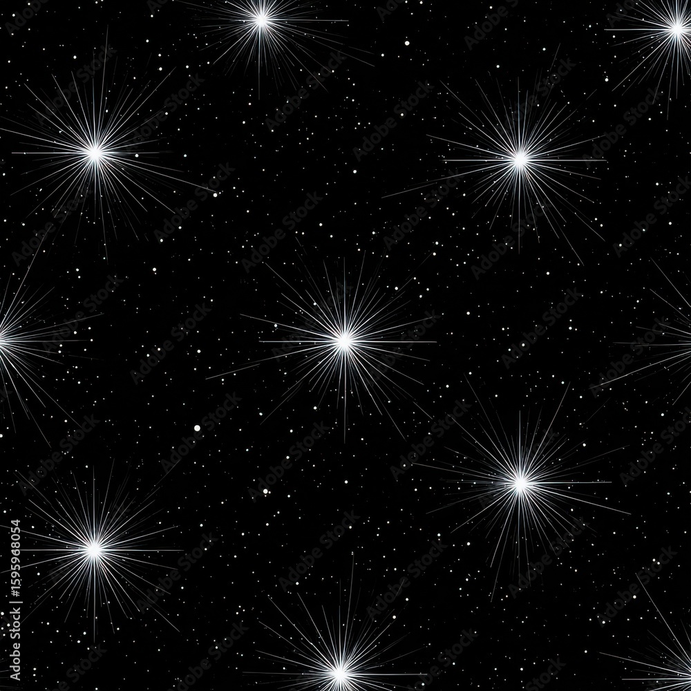 Obraz premium A seamless pattern featuring a black sky filled with bright starbursts and scattered stars, representing the vastness of space.