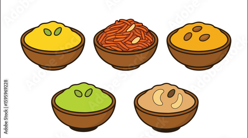 Halwa Varieties Vector Set – Suji, Gajar, Moong Dal, Lauki, and Kaju Halwa Illustrations