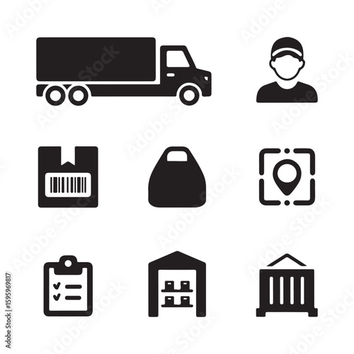 A collection of delivery icons including a truck a person a package and a warehouse in black and white