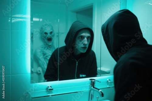 Hooded Figure Facing Twisted Reflection