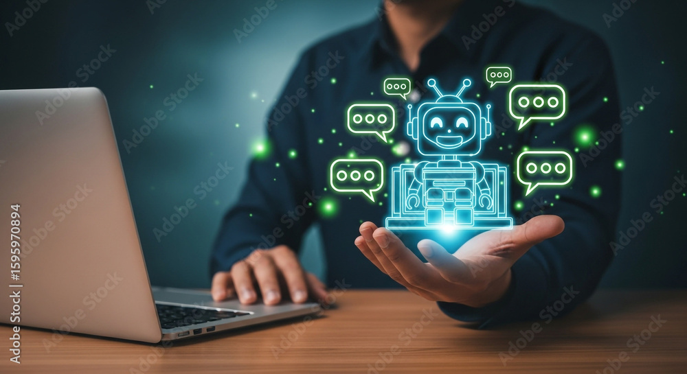 Fototapeta premium A futuristic glowing chatbot hovers above a persons hand, symbolizing the power of ai and digital communication