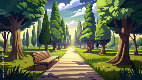 A park pathway lined with tall cypress trees leads to a small wooden bench surrounded by trimmed grass and dappled sunlight. It's the perfect place for reflection and rest