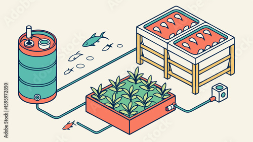 Aquaponics System with Fish Tanks and Planted Beds.