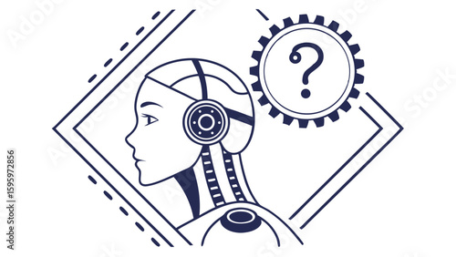 AI Female Robot Profile with Question Mark Gear.