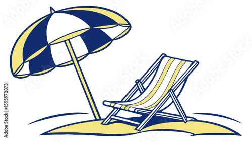 Beach Relaxation Scene with Umbrella and Lounger.