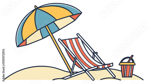 Beach Relaxation Scene with Umbrella Chair and Drink.