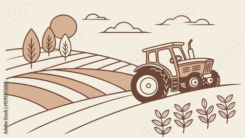 Brown Tractor on a Farm Field with Trees and Sun Illustration.