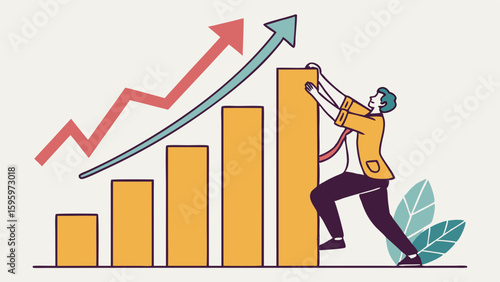 Businessman Climbing a Bar Graph to Achieve Growth and Success.