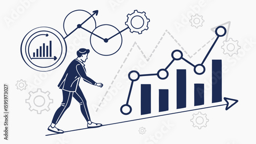 Businessman Walking Tightrope Above Growing Graph Charts and Gears.