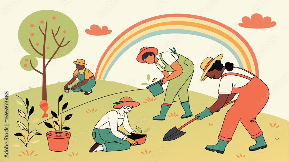 Fototapeta premium Diverse Group of People Gardening in a Sunny Day.