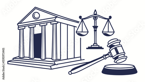 Courthouse Building Scales of Justice and Gavel Illustration.