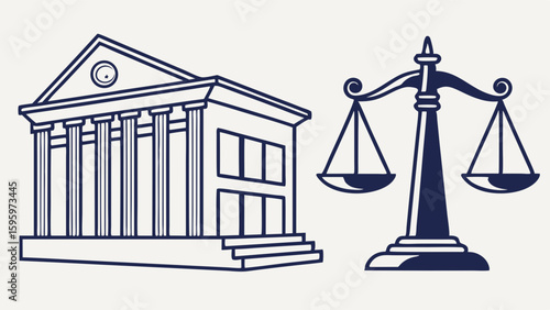 Courthouse building and scales of justice illustration in blue outline.