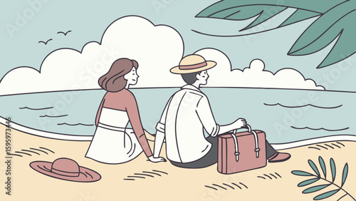 Couple Relaxing on Beach with Luggage Ocean View.