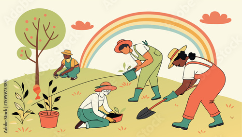 Diverse Group of People Gardening in a Sunny Day.