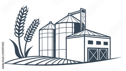 Farm Buildings and Wheat Illustration.