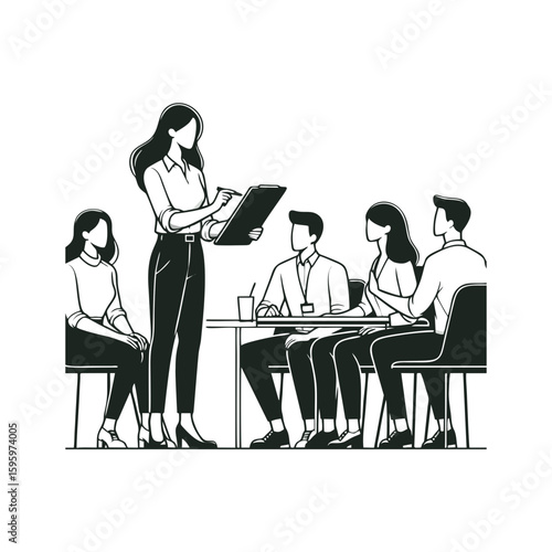 A woman with a clipboard briefing a group