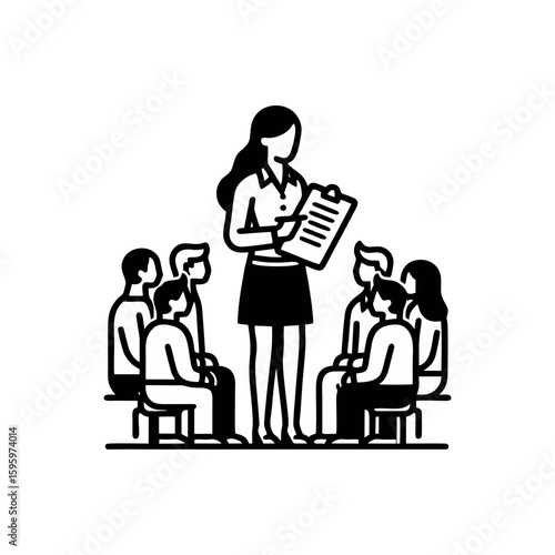 A woman with a clipboard briefing a group